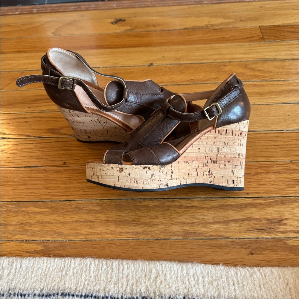Chloe Brown Cork Nama Wedge Sandals with Ankle Straps